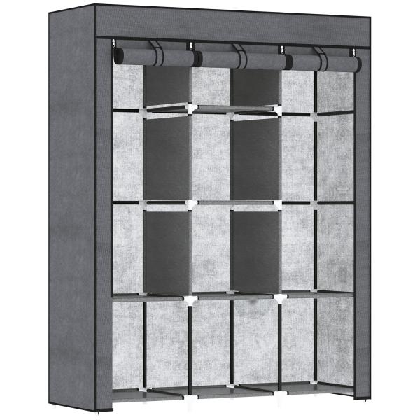 Roupeiro de Tecido Dobrável com 8 Prateleiras de Armazenamento e 2 Barras de Pendurar 125x43x162,5 cm Cinzento