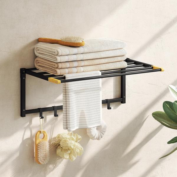 Toalheiro de Parede Dobrável com 5 Barras e 6 Ganchos Suporte para Toalhas para Casa de Banho Dobrável e Compacto 60x32,5x20 cm Preto
