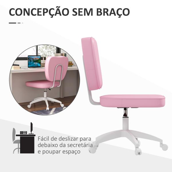Cadeira de Escritório Estofada em PU com Altura Ajustável Sem Braços Cadeira de Estudo Dormitório 46x59x82 - 92 cm Rosa