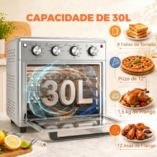 Forno Elétrico de Bancada 30 L 1600 W com Air Fryer, 7 Funções e Temporizador, 43x39x39 cm, Prateado