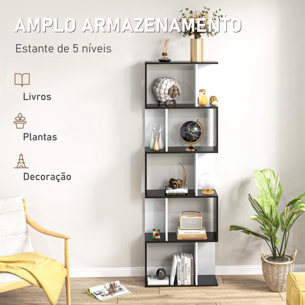 Estante para Livros Estante Alta de Parede com 5 Níveis em Forma de S Desenho Moderno 60x24x184,5 cm Branco e Preto
