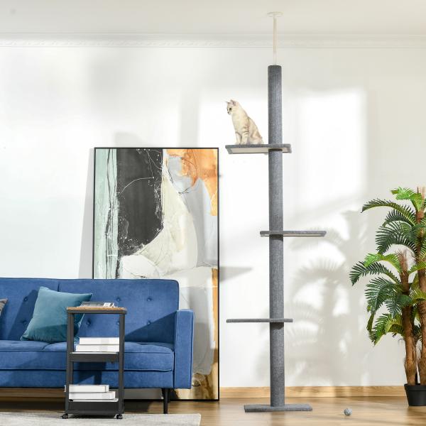 Arranhador para Gatos do Chão ao Teto com Altura Ajustável, 4 Plataformas e Poste 43x27x228 - 260 cm Cinzento