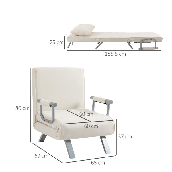 Sofá Cama Individual Sofá Cama Individual Sofá Reclinável com Almofada para Sala Quarto Carga 100 kg 65x69x80 cm Creme