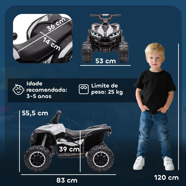 Quadriciclo Elétrico para Crianças de 3 - 5 Anos Veículo Eléctrico a Bateria 12V com 2 Motores 83x53x55,5cm Branco