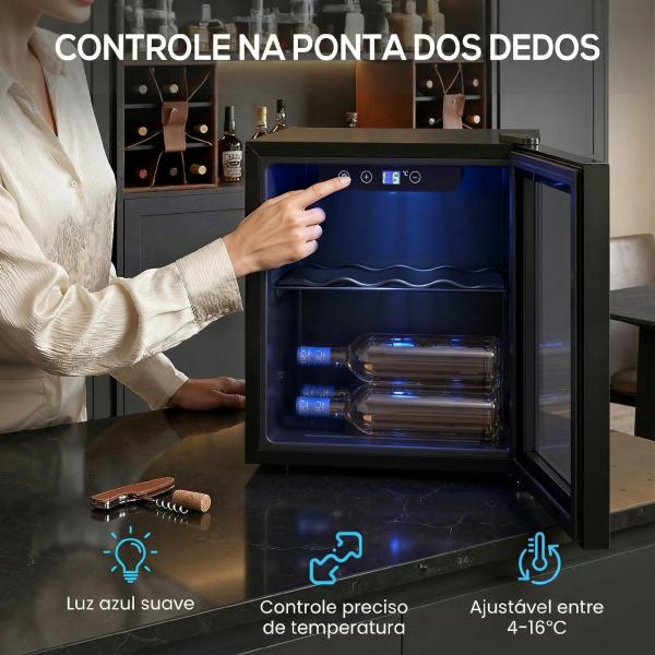 Vinoteca 12 Garrafas, Frigorífico para Vinhos 36 L com Temperatura Ajustável 4 - 16 ℃ Porta de Vidro Duplo Luz LED, Preto