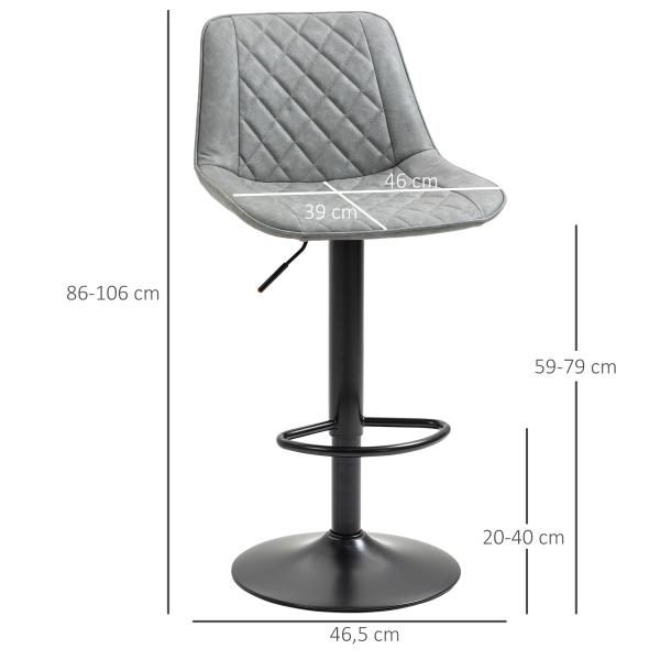 Conjunto de Bancos de Bar Estofados em PU Bancos Altos de Sala de Jantar com Altura Ajustável 46,5x51x86 - 106 cm Cinzento