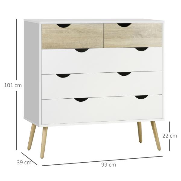 Cómoda com 5 Gavetas Cómoda de Quarto com Pés de Madeira Estilo Nórdico 99x39x101 cm Branco e Carvalho