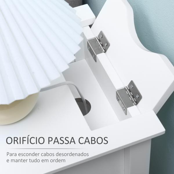 Mesa de Apoio com Tampa Abatível Prateleira de Armazenamento e Orifício para Cabos Oculto 60,5x32,5x70cm Branco
