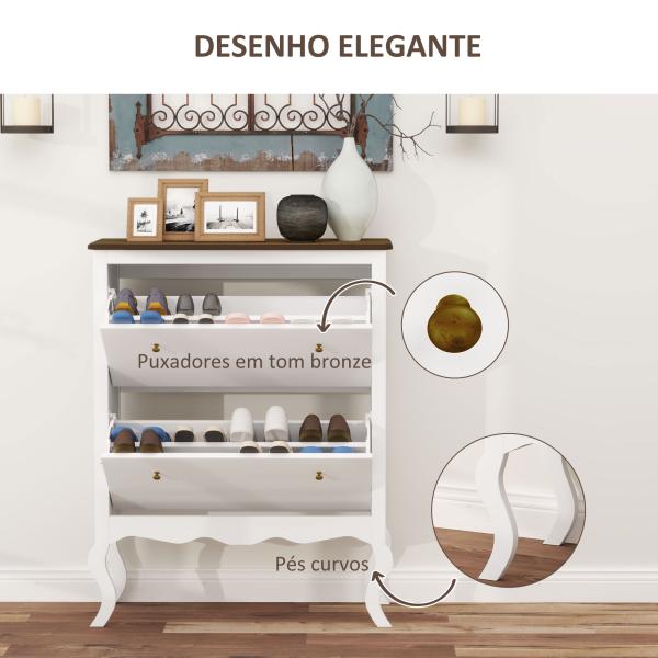 Móvel Sapateira Estilo Francês Sapateira com 2 Gavetas Prateleiras Ajustáveis para 16 Pares de Sapato 84x29x109 cm Branco