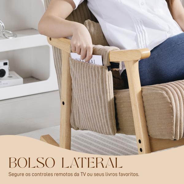 Poltrona Baloiço Moderna em Veludo Cotelê com Apoio para os Braços Almofada Lombar e Bolso Poltrona de Amamentação 65x90x98 cm Castanho Claro