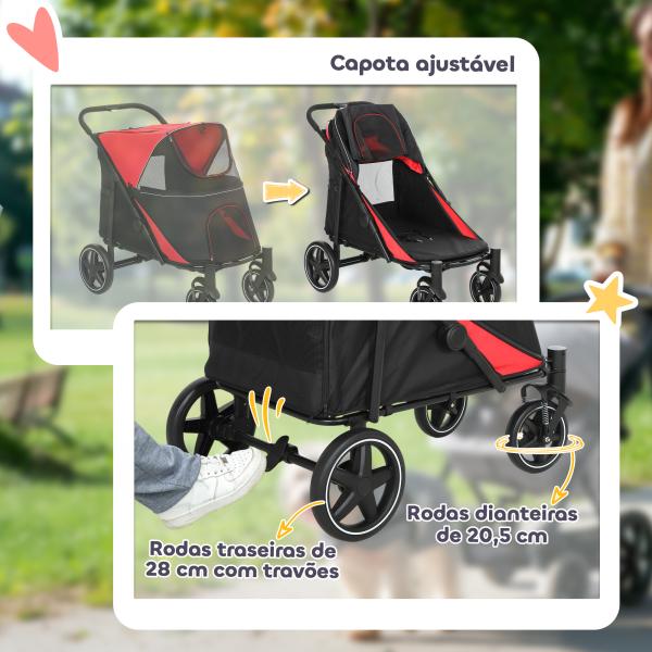 Carrinho para Cães Dobrável com Janelas de Malha Cinto de Segurança e Bolsos de Armazenamento 112x65x100 cm Vermelho