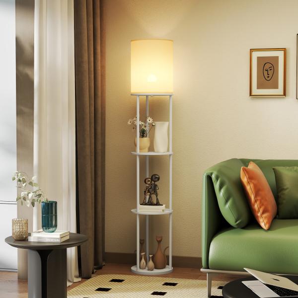 Candeeiro de Pé com Prateleiras 3 Temperaturas de Cor Controlo Remoto e Casquilho E27 Ø29x158 cm Branco