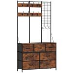 Suporte para Cabides Móvel de Arrumação com Sapateira 14 Ganchos 7 Gavetas de Tecido e Prateleira 100x30x183 cm Castanho Rústico