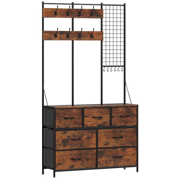 Suporte para Cabides Móvel de Arrumação com Sapateira 14 Ganchos 7 Gavetas de Tecido e Prateleira 100x30x183 cm Castanho Rústico