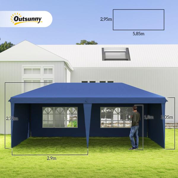Tenda Dobrável 6x3 m Pop - up com 4 Laterais Desmontáveis Tenda de Jardim com 2 Janelas Visíveis Saco de Transporte Azul