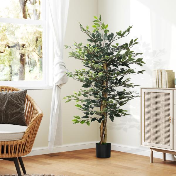 Ficus Artificial com Troncos Planta Artificial com Vaso e 702 Folhas Realistas para Ø15x130 cm Verde