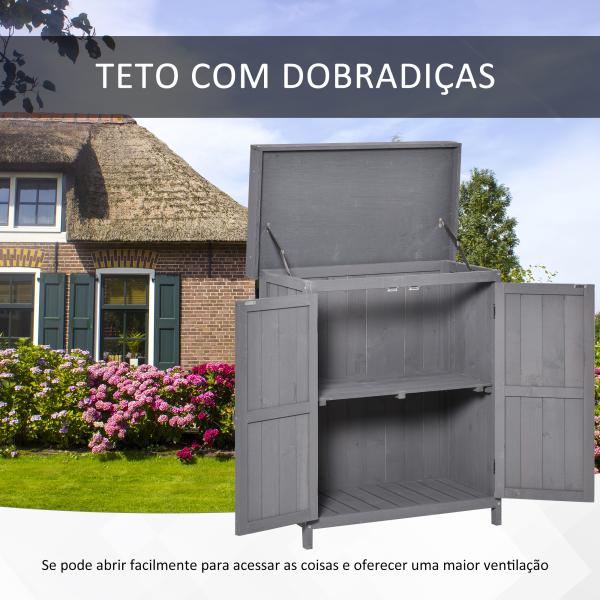 Armário de Jardim de Madeira 74x43x88 cm para Armazenamento de Ferramentas e Lenhas com Teto Asfaltico Cinza