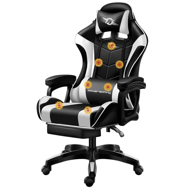 Cadeira Gaming 813 c/ Massagem 7 Pontos e Apoio p/ Pés (Preto/Branco)