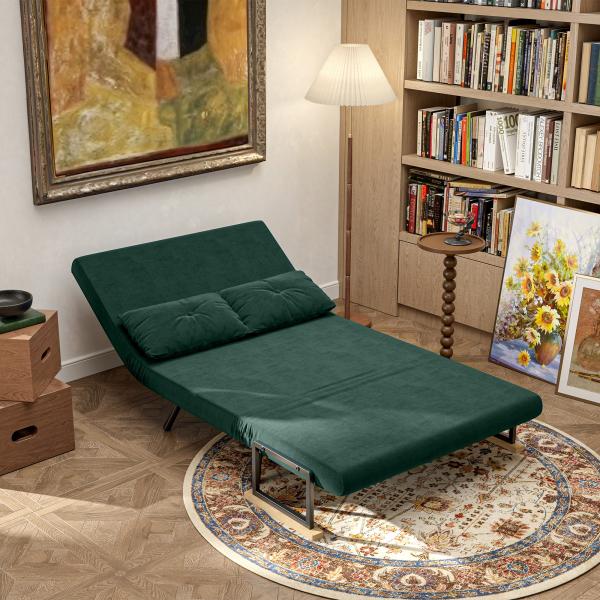 Sofá Cama Sofá Convertível em Cama de 2 Lugares Dobrável com Encosto Ajustável em 5 Níveis e 2 Almofadas 102x73x81 cm Verde