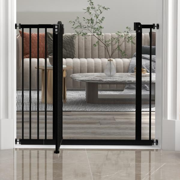 Barreira de Segurança para Cães com Largura Ajustável 74 - 94 cm e Extensão para Escadas e Portas Preto