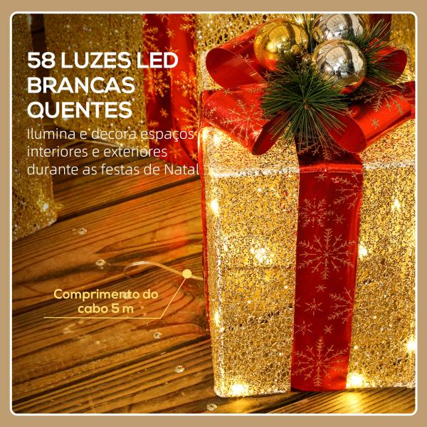 Conjunto de 3 Caixas de Presente de Natal com 58 LEDs Branco Quente Enfeites Luminosos para a Árvore de Natal Dourado