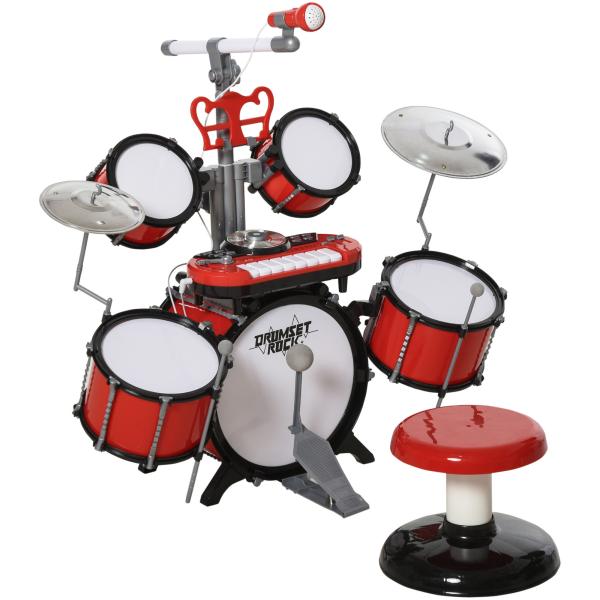 Kit de Bateria Infantil para Crianças Acima de 3 Anos com Tamborete Microfone Pratos Teclado e Vários Efeitos de DJ 77,5x40x76,5 cm Vermelho