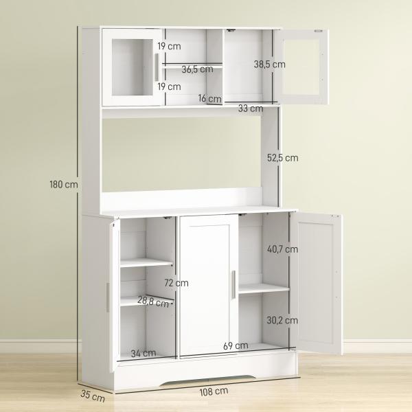 Armário de Cozinha com 2 Portas de Vidro Bancada Ampla para Micro - ondas Compartimentos Abertos Prateleiras Ajustáveis Branco