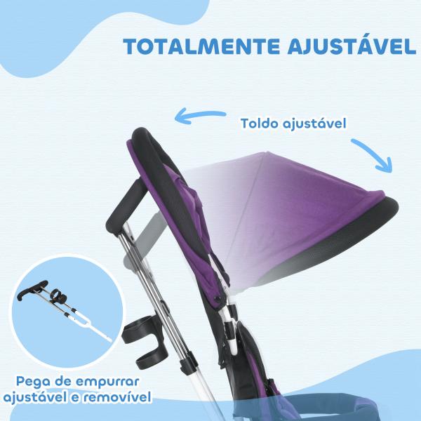 Triciclo Evolutivo para Bebés de +12 Meses 2 em 1 com Toldo Dobrável Guiador Cinto de Segurança e Cesto 95x50x106 cm Roxo