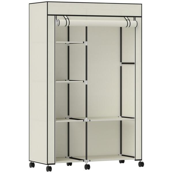 Roupeiro de Tecido Dobrável com 6 Prateleiras 1 Barra de Pendurar e Rodas para Dormitório Vestidor 103x43x162,5 cm Creme