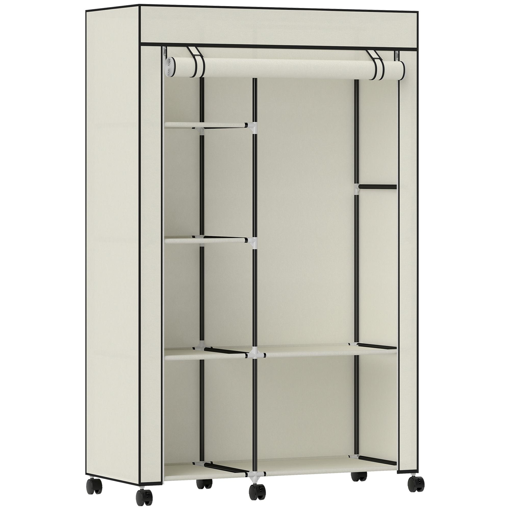 Roupeiro de Tecido Dobrável com 6 Prateleiras 1 Barra de Pendurar e Rodas para Dormitório Vestidor 103x43x162,5 cm Creme