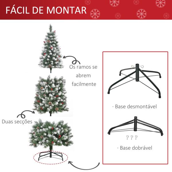Árvore de Natal Artificial 180 cm Ignífugo com 618 Ramos 34 Bagas 30 Pinhas Folhas de PVC e Suporte Metálico Ø65x180cm Verde