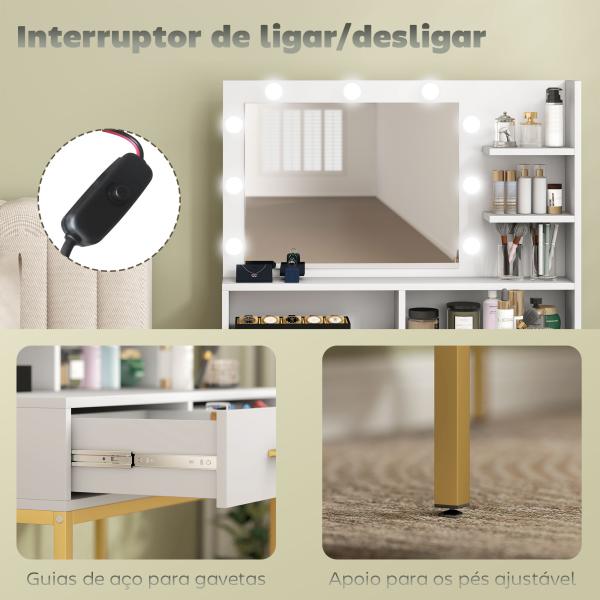Toucador de Maquilhagem com Luz e Banco Mesa de Maquilhagem com 2 Gavetas e Prateleiras Estilo Moderno para Quarto Branco