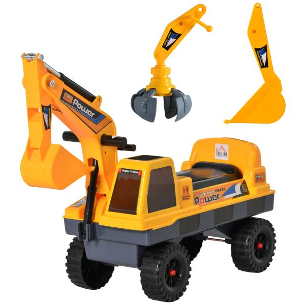 Escavadora Infantil sem Pedais para Crianças de 2 - 3 anos Carro Andador com Pá Pinça de Agarrar Luzes Música e Armazenamento Oculto 90x28x58cm Amarelo