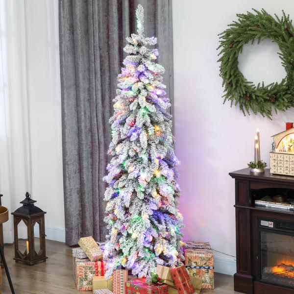 Árvore de Natal Estreita 180 cm Árvore de Natal Nevada com Luzes LED Temporizador 11 Modos de Iluminação Verde