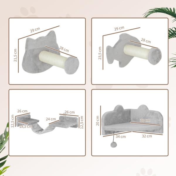 Conjunto de Prateleiras de Escalada para Gatos de 4 Peças com 2 Postes de Sisal e Plataforma para Saltar Cinzento