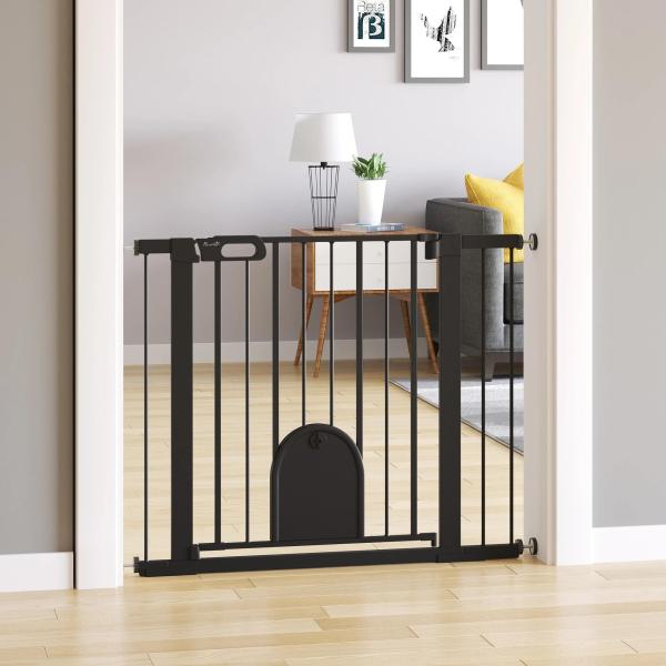 Barreira de Segurança de Cães Animais de Estimação para Escadas e Portas 75 - 103cm com 2 Extensões Fechamento Automático e Sistema de Duplo Bloqueio Aço Preto