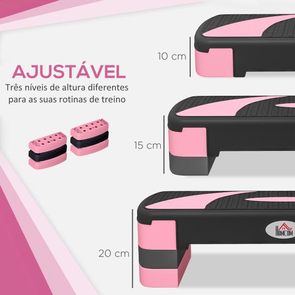 Step para Exercício Aeróbico Plataforma Step com Altura Ajustável em 3 Níveis 80x31x10 - 20 cm Rosa e Preto