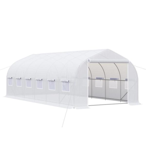 Estufa Tipo Túnel 595x300x200cm Estufa de Jardim Grande com 12 Janelas e Porta Enrolável com Zíper para Cultivo de Plantas Branco