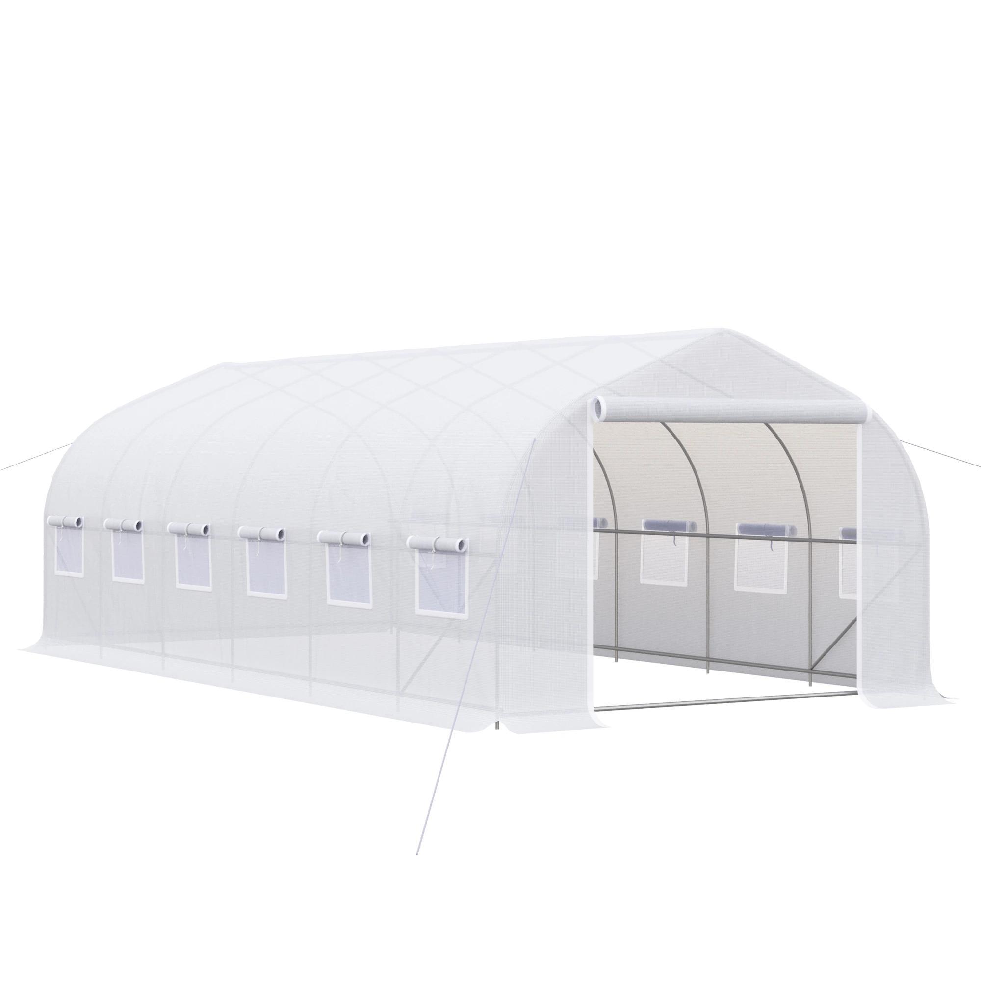 Estufa Tipo Túnel 595x300x200cm Estufa de Jardim Grande com 12 Janelas e Porta Enrolável com Zíper para Cultivo de Plantas Branco