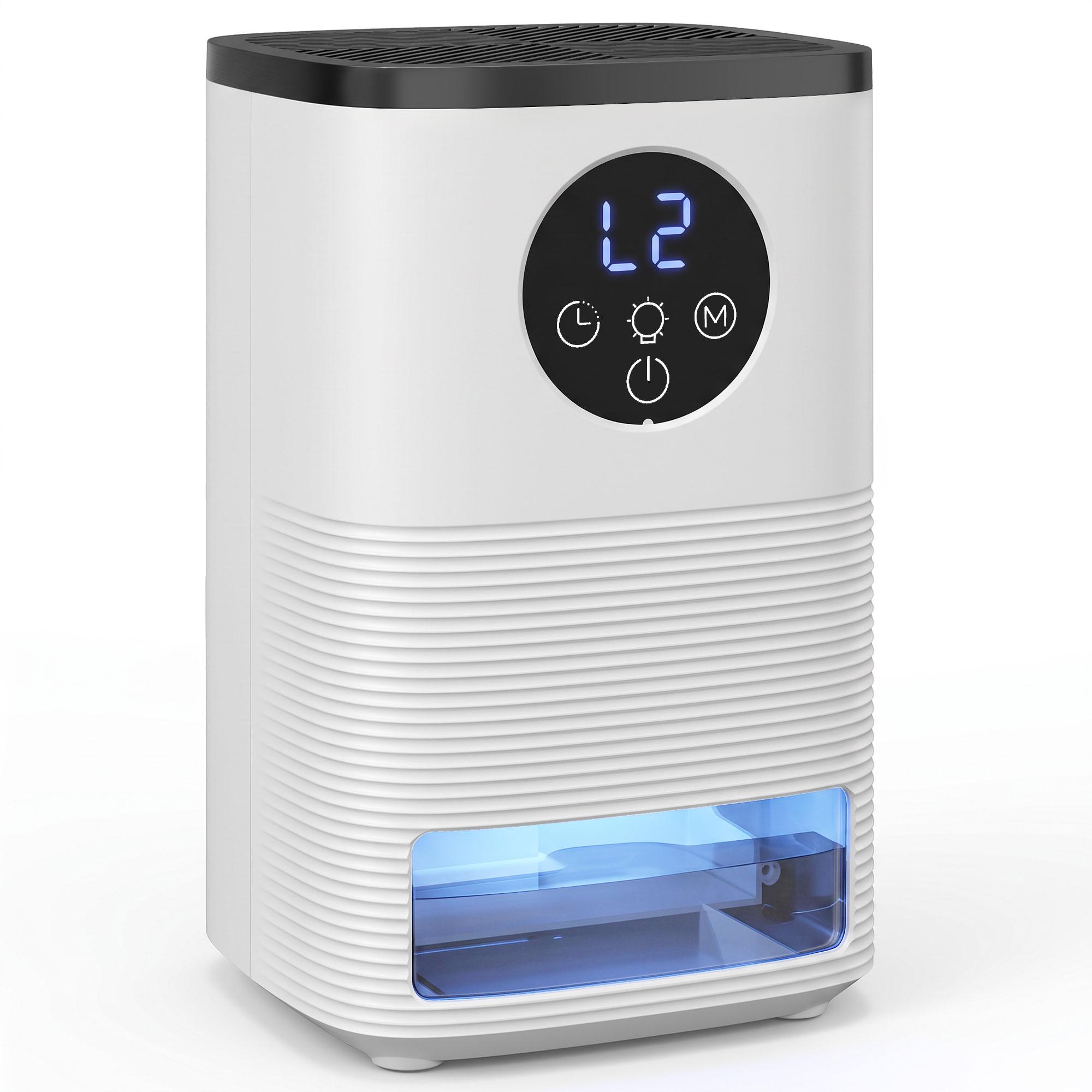 Desumidificador 0,3 L/dia para 15 m², Depósito de 1,4 L, Luz RGB, Temporizador 24 h, Ecrã LED, Branco