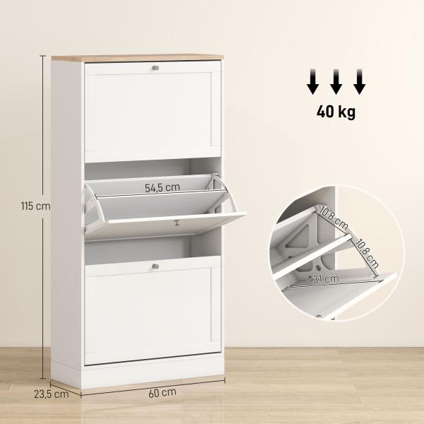 Móvel Sapateira de Entrada com 3 Gavetas Basculantes e Prateleiras Ajustáveis para 18 Pares de Sapatos 60x23,5x115 cm Branco