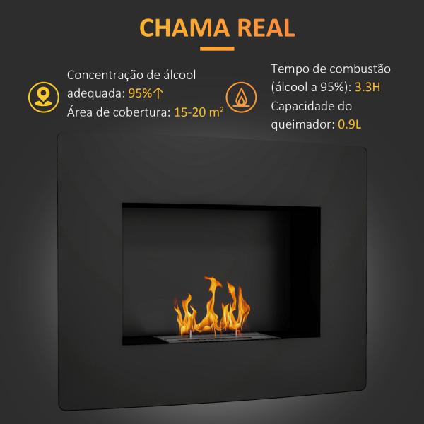 Lareira de Bioetanol de Parede com Depósito de 0,9L Tempo de Combustão 3,3H para Interiores 15 - 20 m² 66x16x52 cm Preto