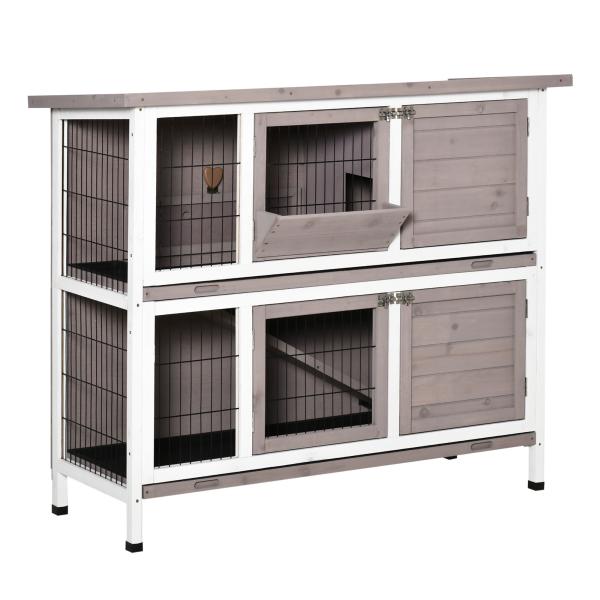 Coelheira de Madeira Exterior de 2 Níveis Gaiola para 1 - 2 Coelhos com Telhado com Abertura Comedouro Bandejas Removíveis Rampa e Portas com Fechadura 122x50x101cm Cor Areia