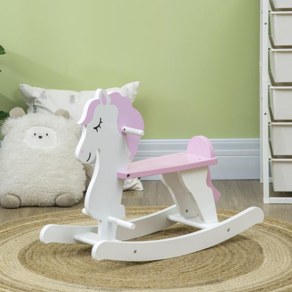 Cavalo Baloiço para Crianças de 1 - 3 Anos Cavalo Baloiço de Madeira com Guiador e Apoio para os Pés 68x27x46,5cm Branco e Rosa