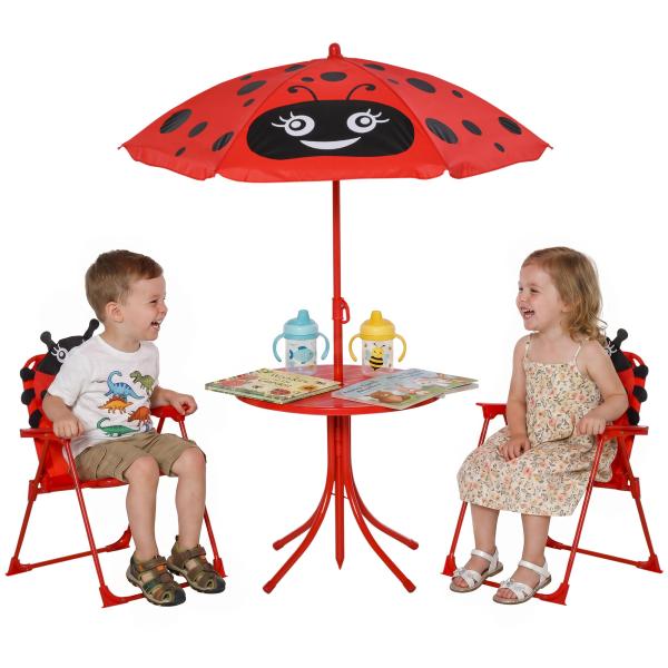 Conjunto de Mesa e Cadeira de Jardim Conjunto de Picnic Dobrável para Crianças Conjunto de Mesa com Chapéu de Sol com Altura Ajustável 100 - 125cm Desenho de Joaninha Vermelho