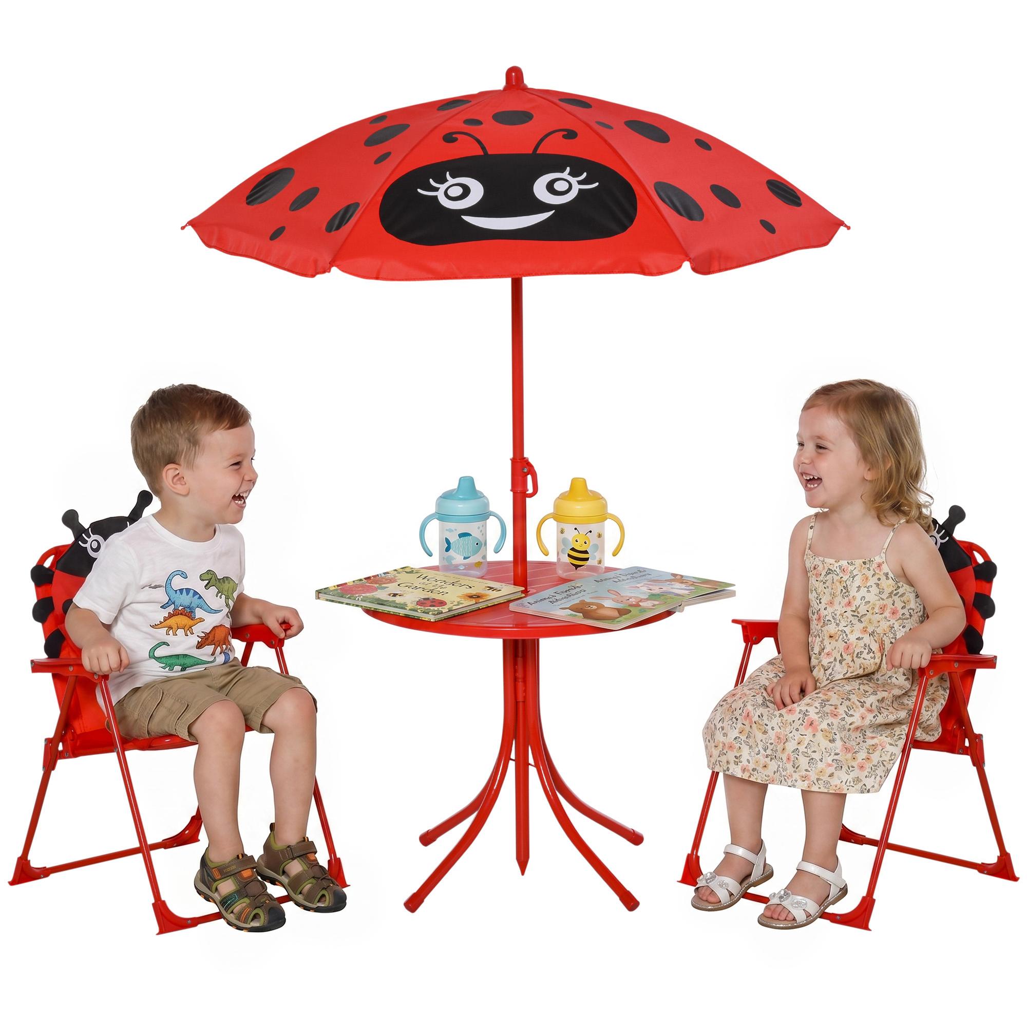 Conjunto de Mesa e Cadeira de Jardim Conjunto de Picnic Dobrável para Crianças Conjunto de Mesa com Chapéu de Sol com Altura Ajustável 100 - 125cm Desenho de Joaninha Vermelho