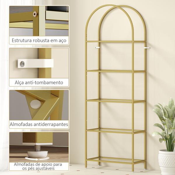 Estante de Vidro de 5 Níveis Estante de Arrumação Estrutura Arqueada Estante Estreita 60x30x175 cm Dourado
