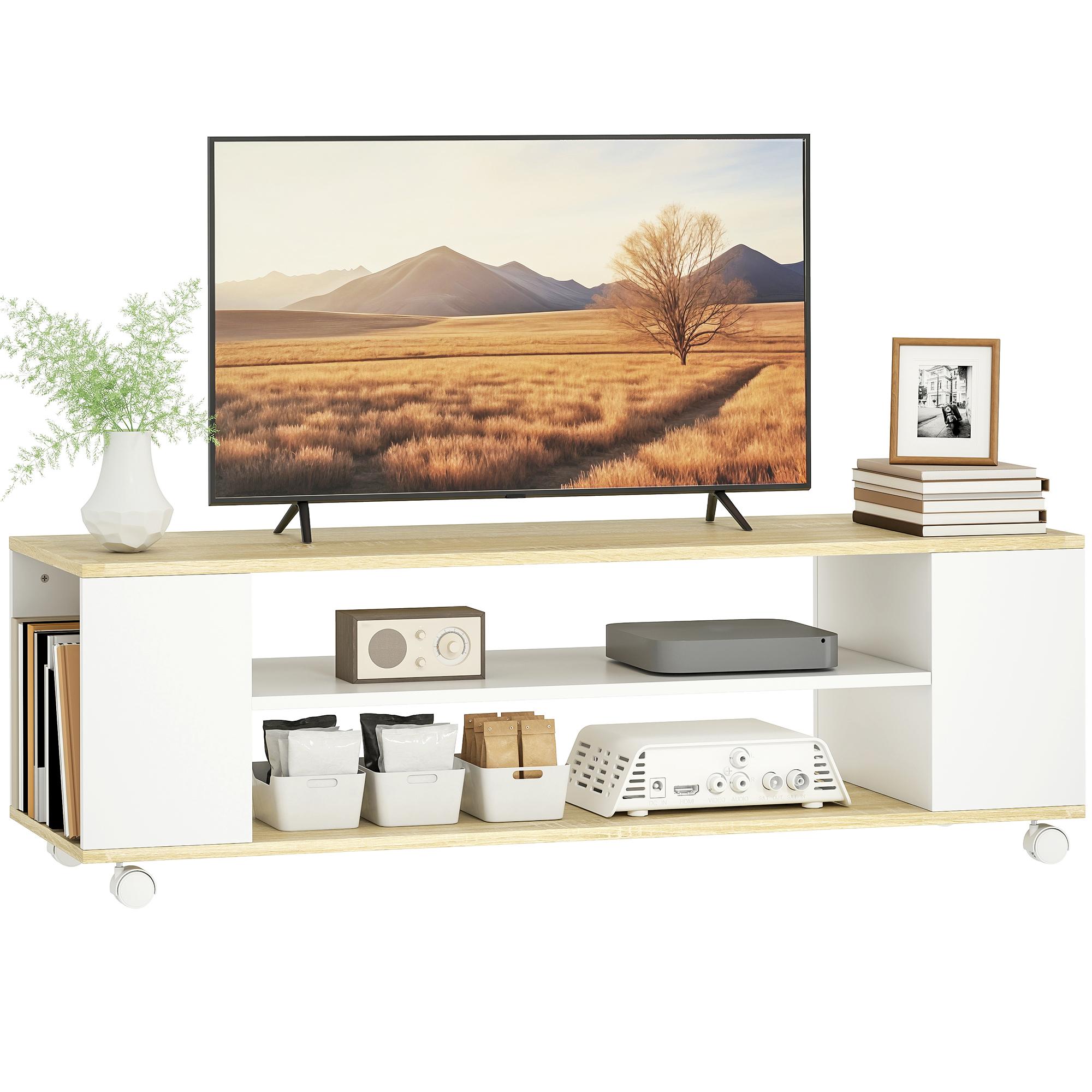 Móvel para TV com Rodas Armário para TV Flutuante com 2 Portas e 2 Prateleiras 120x40x38,5cm Branco e Madeira