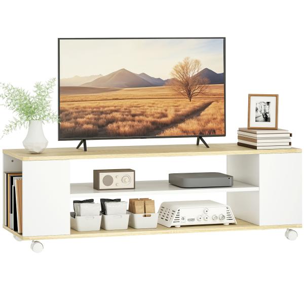 Móvel para TV com Rodas Armário para TV Flutuante com 2 Portas e 2 Prateleiras 120x40x38,5cm Branco e Madeira