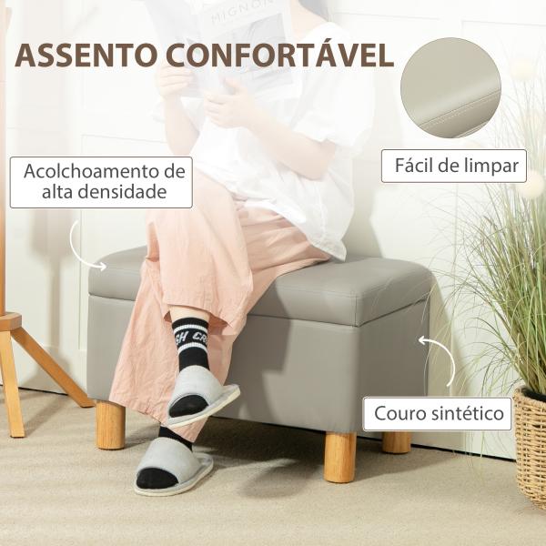 Baú de Armazenamento para Dormitório 33L Puff de Armazenamento Estofado em PU Banco de Arrumação 60x38x40 cm Cinza Claro
